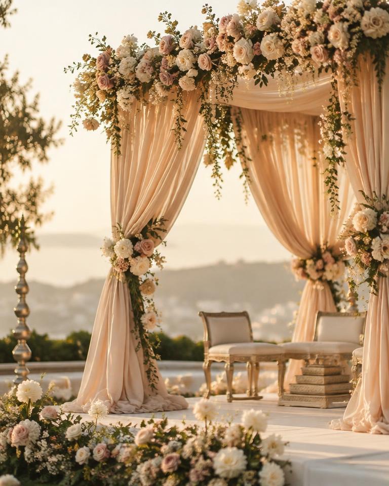 Wedding mandap decorated with ivory and blush roses